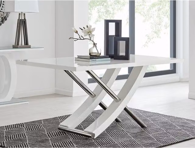FurnitureboxUK Mayfair Large Rectangular Dining Table in White High Gloss and Stainless Steel