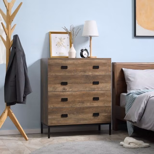 HOMCOM 4-Drawer Chest of Drawers Storage Organiser in Brown and Black Rustic Wood Finish