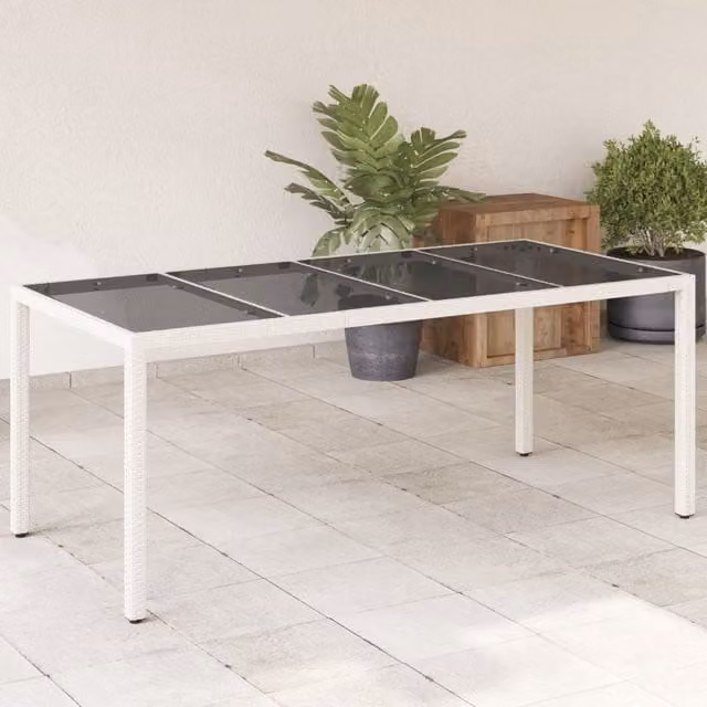 Berkfield Home White Poly Rattan Garden Table with Glass Top, W/D/H: 190 x 90 x 75 cm – 1