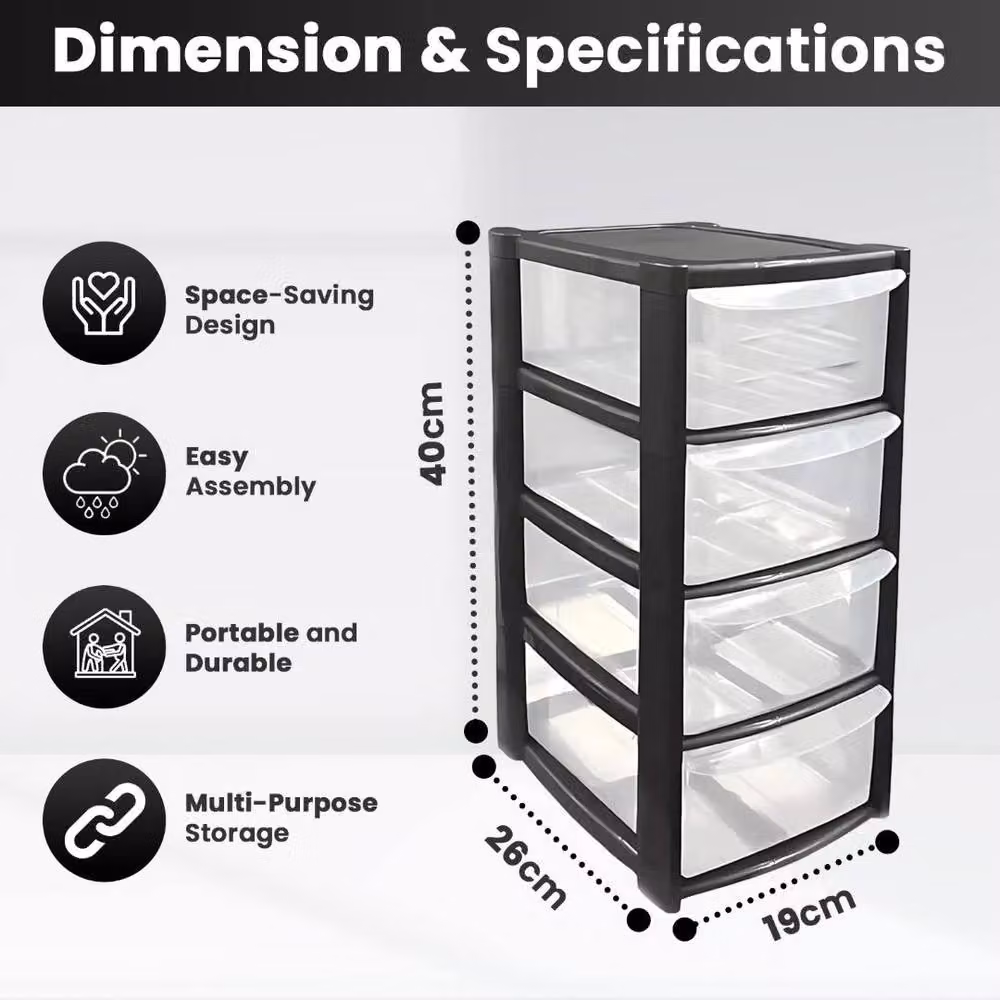 MANTRARAJ 4-Tier Mini Tower Storage Organiser with Plastic Drawers, Black and Transparent, W/D/H: 40.0 x 26.0 x 19.0 cm – 2