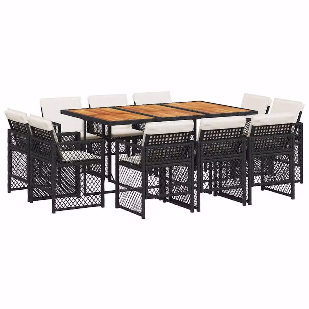 Berkfield Home 11 Piece Black Poly Rattan Garden Dining Set with Acacia Wood Table and Cushions – 2