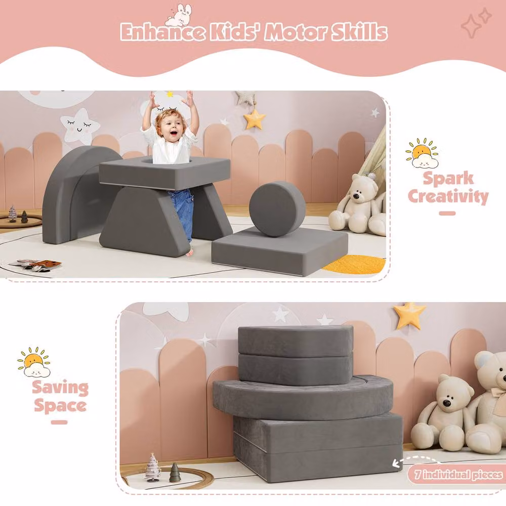 KEEPREAPER Soft Modular Kids Play Couch with Cushions in Grey – 4