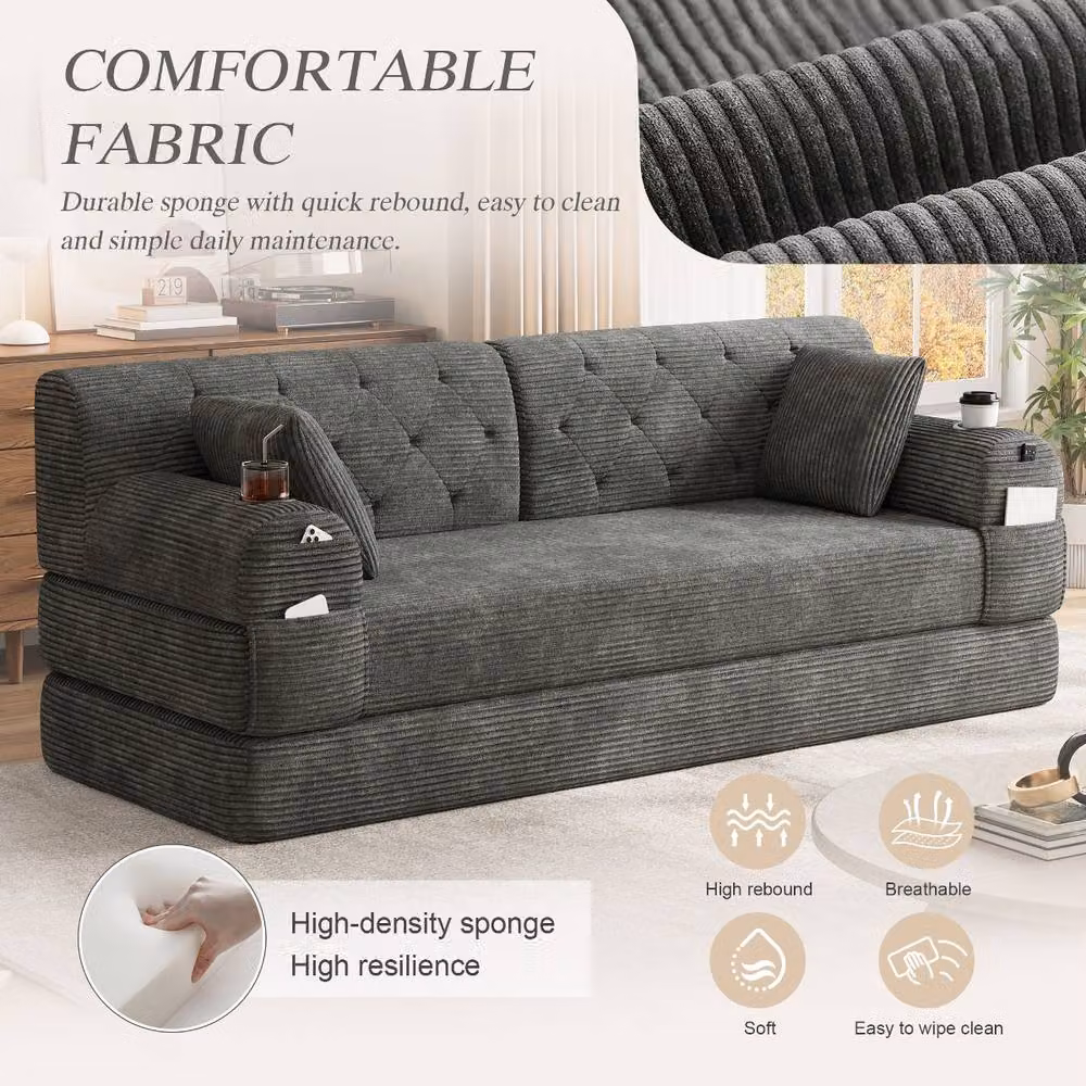 Rolipo Dark Grey Corduroy 3-Seater Sleeper Sofa with High Back and Cup Holders – 4