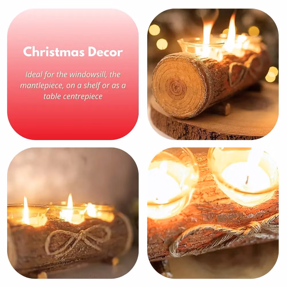 Marco Paul Rustic Christmas Log Tealight Candle Holder with 3 Glass Holders in Brown – 5