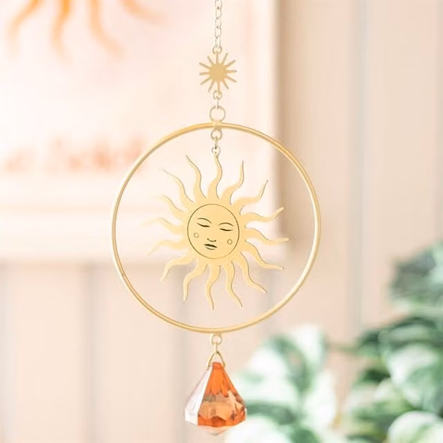 KDMK Golden Hour Sun Suncatcher Modern Geometric Round Metal Hanging Pendant in Gold and Orange