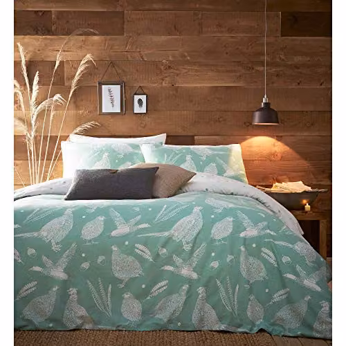 Creative Cloth Moorland Birds Reversible Polycotton Duvet Set, Green and White, W: 140 cm, L: 200 cm – 3