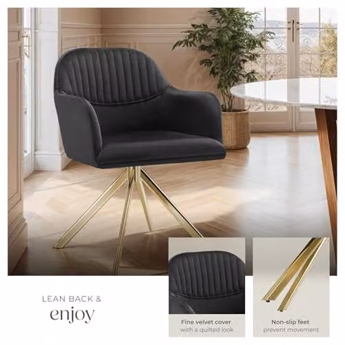tectake Velvet Swivel Dining Chair with Armrests in Black and Gold – 5