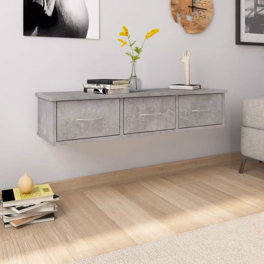 Berkfield Home Decorative Wall-mounted Drawer Shelf, Concrete Grey, W: 88 cm, D: 26 cm, H: 18.5 cm – 2