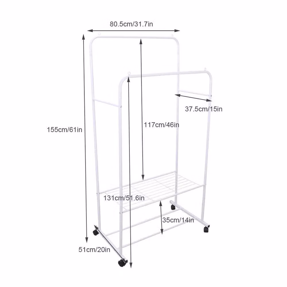 ERGOVEXA Double Rail Metal Clothes Garment Hanging Rack with Mesh Tidy Shelf in Matt White, H 155 x W 80.5 x D 50 cm – 2