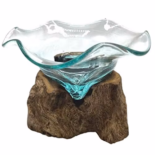 KDMD Molten Glass Fancy Sweet Bowl on Wood in Brown and Transparent, W/D/H: 17.0 x 9.0 x 17.0 cm