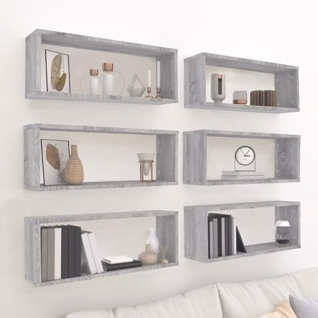 Berkfield Home Wall Mounted Cube Shelves, 6 Piece Set in Grey Sonoma, W: 60 cm, D: 23 cm, H: 15 cm – 1