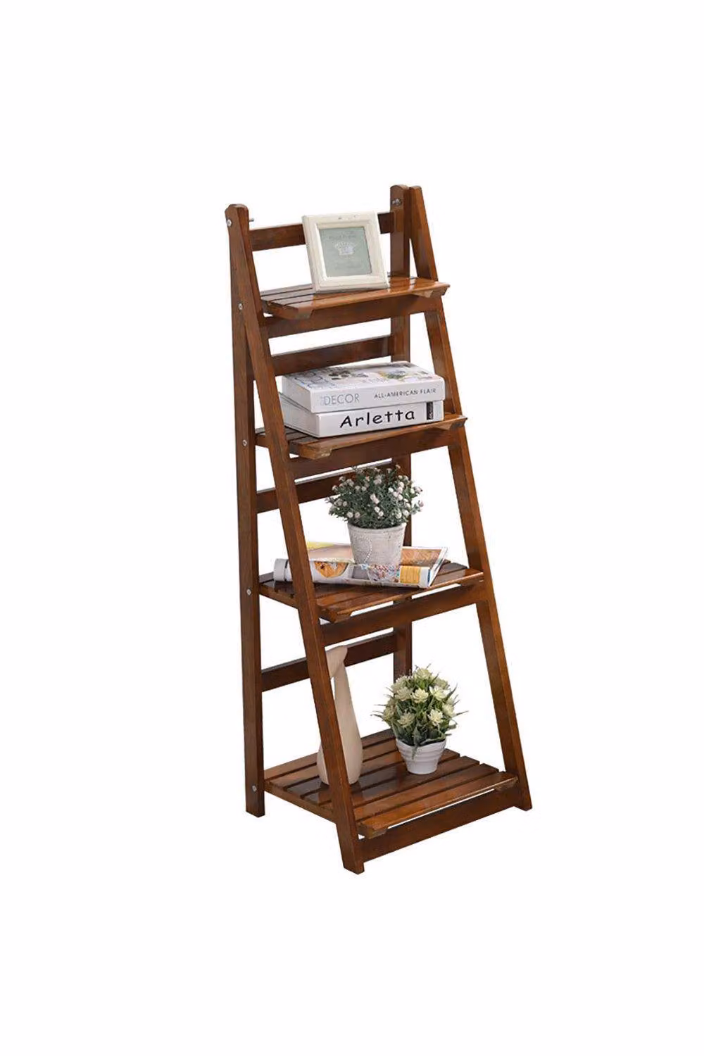 H&O Direct 4 Layer Rustic Wooden Foldable Ladder Plant Shelf in Brown – 2