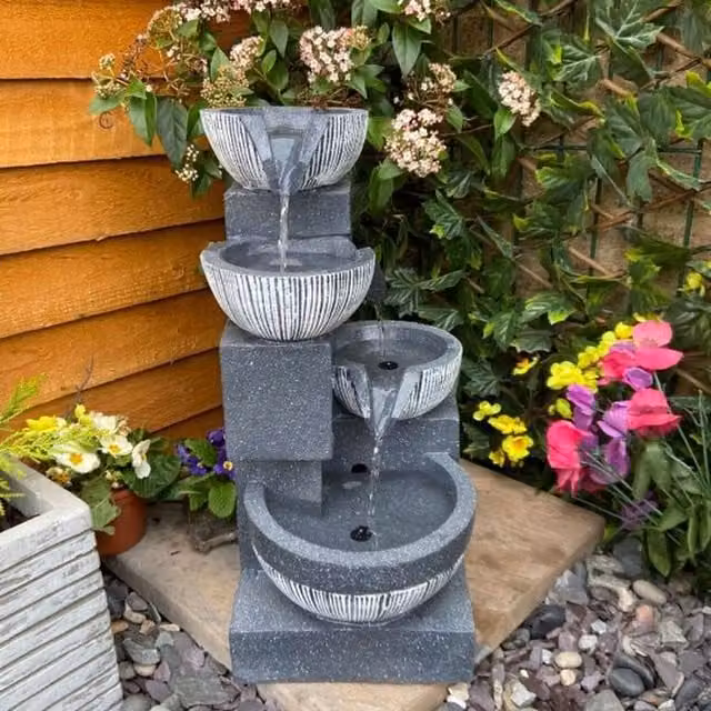Tranquillity Water Features Eclipse 4 Bowl Contemporary Grey Resin Tabletop Cascade Water Feature