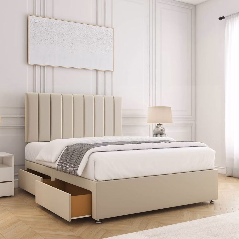 BSSPOKE Aria Plush Velvet Divan Bed with 24 inch Headboard and 2 Drawers in Beige, W/D/H: 140 x 200 cm