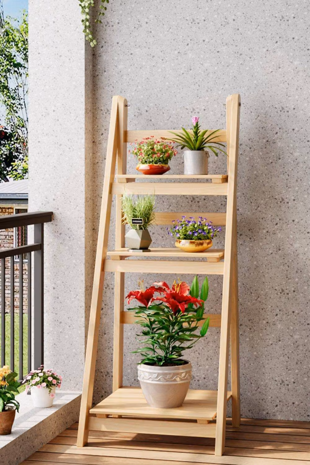 H&O Direct 3 Layer Wooden Foldable Ladder Shelf for Plants in Brown – 2