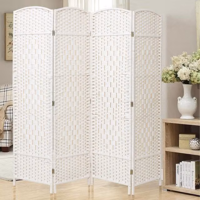 Livingandhome Rattan Folding Room Divider in White, H 170 cm x L 160 cm