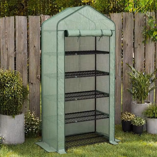 STILVORA 5 Tier Mini Greenhouse with Roll-Up Door in Green – 1