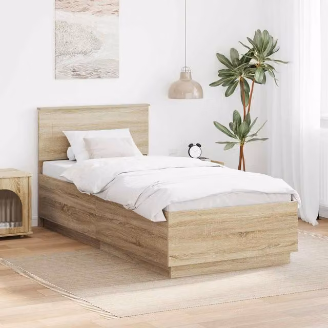 Berkfield Home Sonoma Oak Bed Frame with Headboard in Brown, W/D/H: 190 x 70 x 70 cm