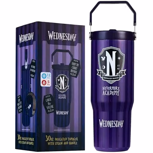 Get Trend Wednesday Insulated Metal Travel Tumbler with Flip Up Straw and Handle, 850ml, Purple