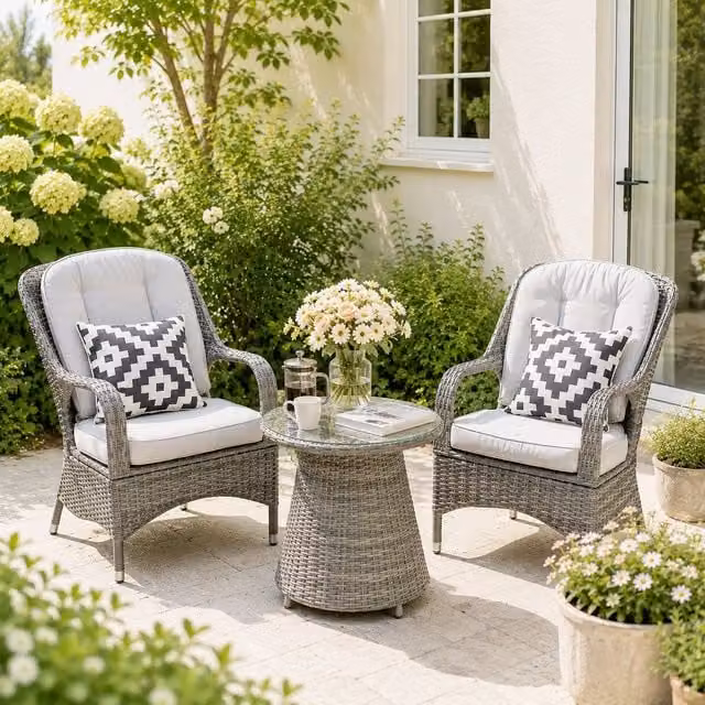 Direct Wicker Grey Aluminium Rattan Bistro Set with 5mm Toughened Glass Top Table and 2 Chairs