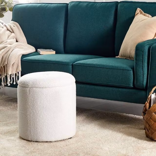 Wyld and Coco Glamour Bouclé Storage Pouffe in Off-White, W/D/H: 40 x 38 x 38 cm