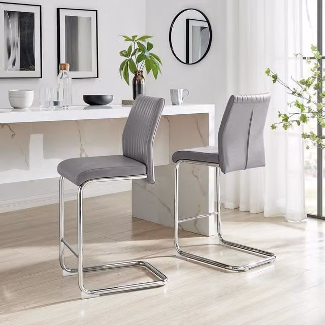 FurnitureboxUK Lorenzo Set of 2 Elephant Grey Faux Leather Bar Chairs with Silver Metal Legs
