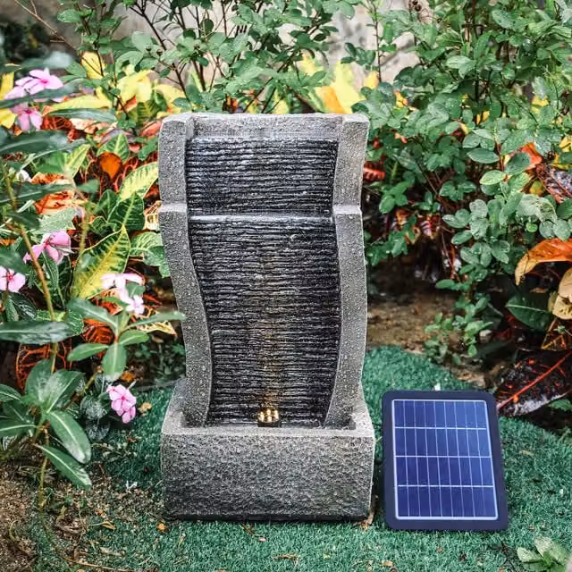 Livingandhome Solar LED Vertical Slate Waterfall Water Feature, Grey Polyresin Cascade Decor