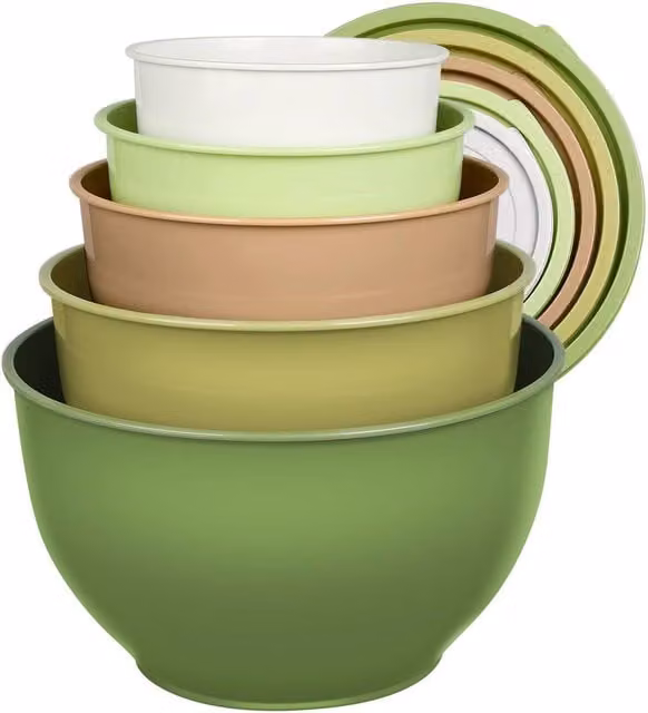 Greentainer 5 Piece Durable Round Plastic Mixing Bowls Set with Lids in Green and Multicolour – 1