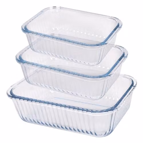 Argon Tableware Optical Rectangular Glass Cake Dish Set, 3-Piece Transparent Baking Tray Set, Microwave and Freezer Safe