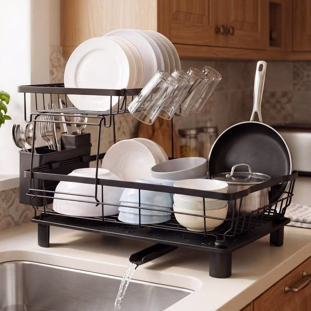 Toque Black Steel Dish Drainer Rack with Drip Tray and Cutlery Holder – 2