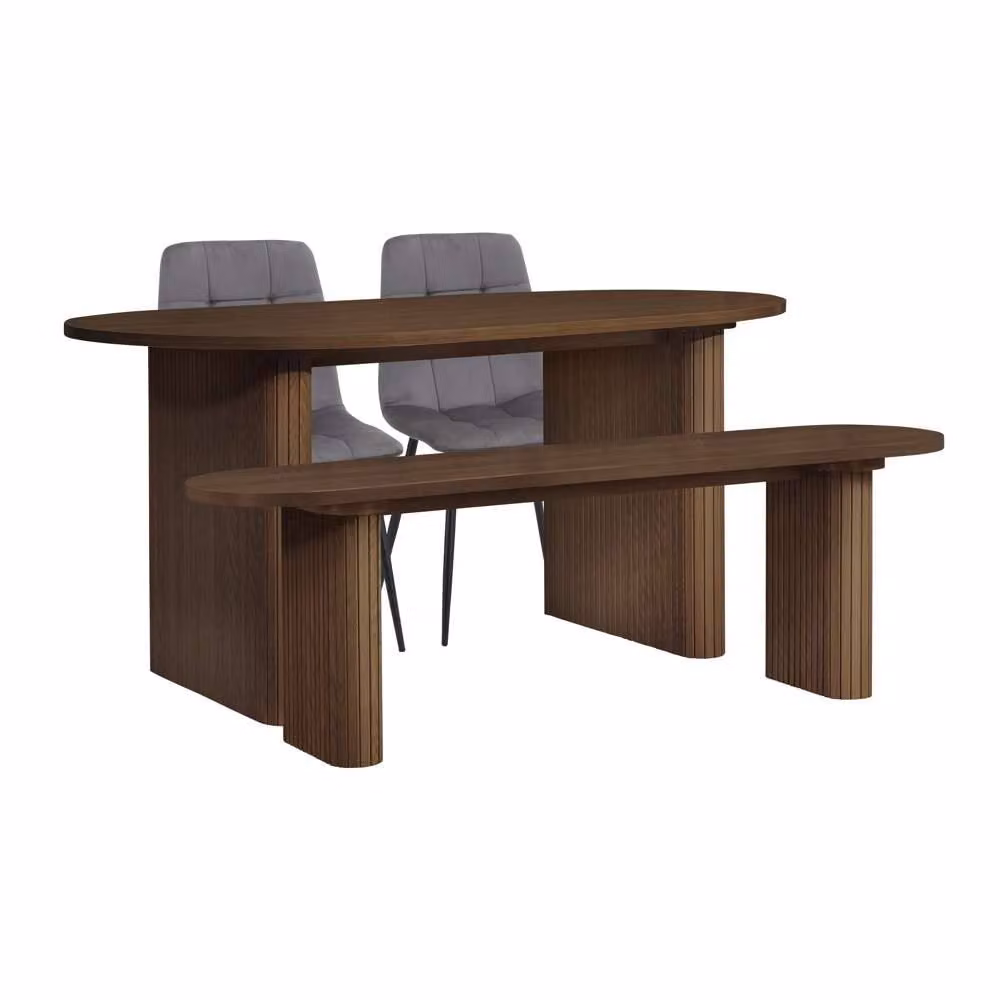 Birlea Axel Oval Fluted Dining Set in Brown Oak with 2 Chairs and 1 Bench – 5