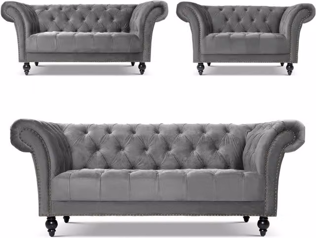 Bravich LTD Chesterfield 1 Seater Velvet Sofa with Rolled Arms and Buttoned Back in Grey
