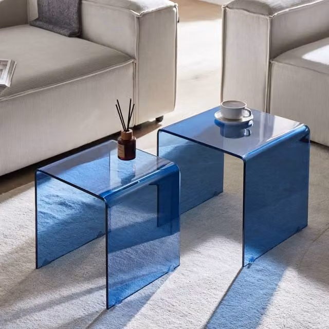 Wyld and Coco Nest Home Set of 2 Blue Tempered Glass Side Tables