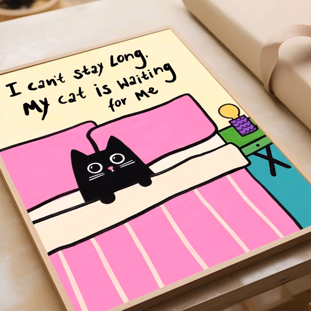 The Paper Tail Waiting Cat Funny Black Cat Art Print, Multicolour, A3 – 2