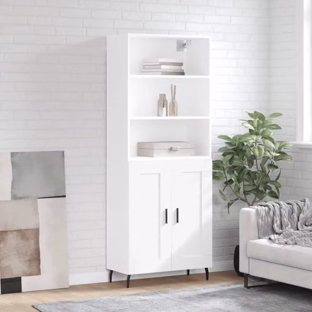 Berkfield Home Modern White Highboard with Hinged Doors and Internal Shelves, W/D/H: 69.5 x 34 x 180 cm