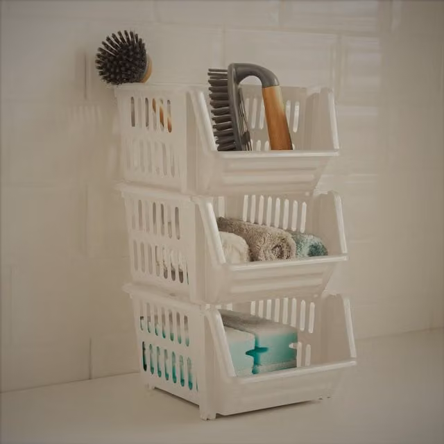 Whitefurze Stackable Slatted Plastic Storage Baskets, 3 Tier, White