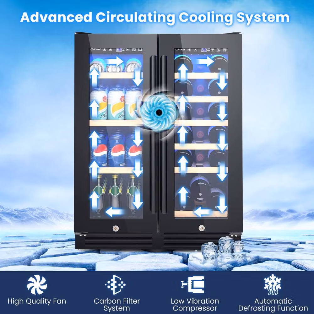 Costway 120L Double Door Dual Zone Beverage and Wine Fridge with Auto Defrost in Black – 3