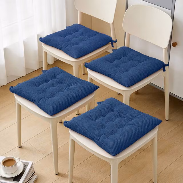 Livingandhome Set of 4 Blue Corduroy Square Chair Cushions with Non-Slip Hook and Loop Fastening
