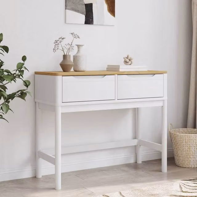 Berkfield Home Beautiful FLORO White Console Table in Solid Pine Wood, W: 89.5 cm, D: 36.5 cm, H: 73 cm