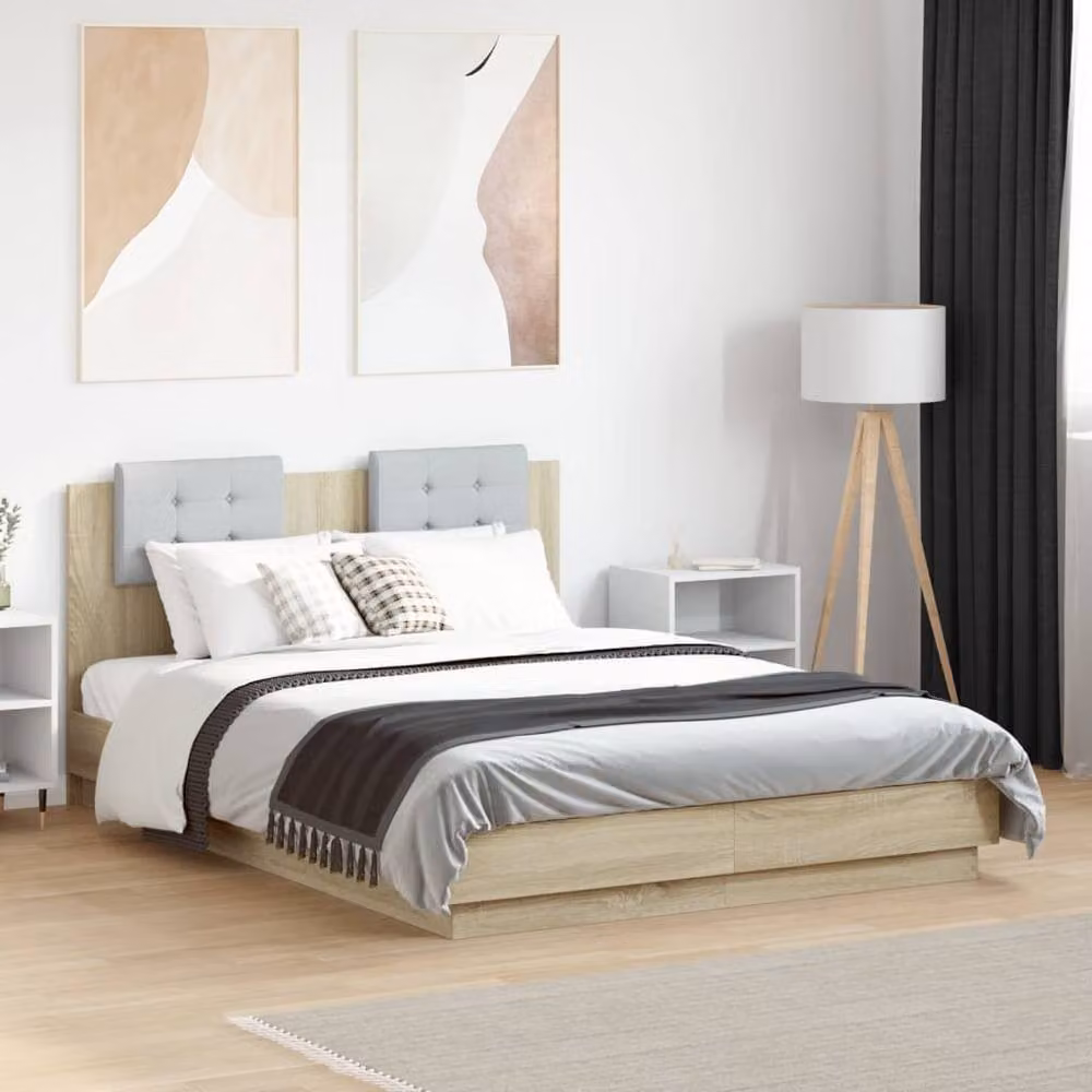 Berkfield Home Sonoma Oak Small Double Bed Frame with LED Lighting and USB Charging Port in Tan, W/D/H: 120 x 190 cm – 2