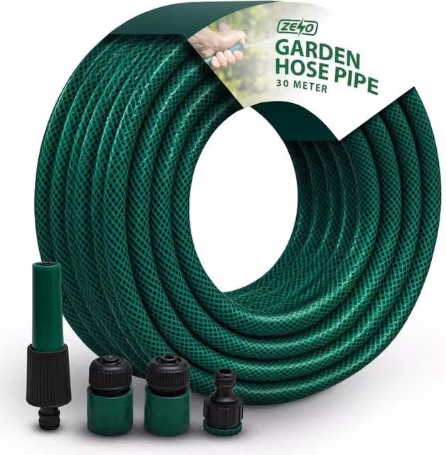 FLAVORA 30m Reinforced PVC Garden Hose Pipe Set in Green – 1