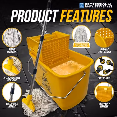 TDBS Professional Kentucky Floor Mop and Bucket Set with Wringer and Refillable Head, Yellow – 4