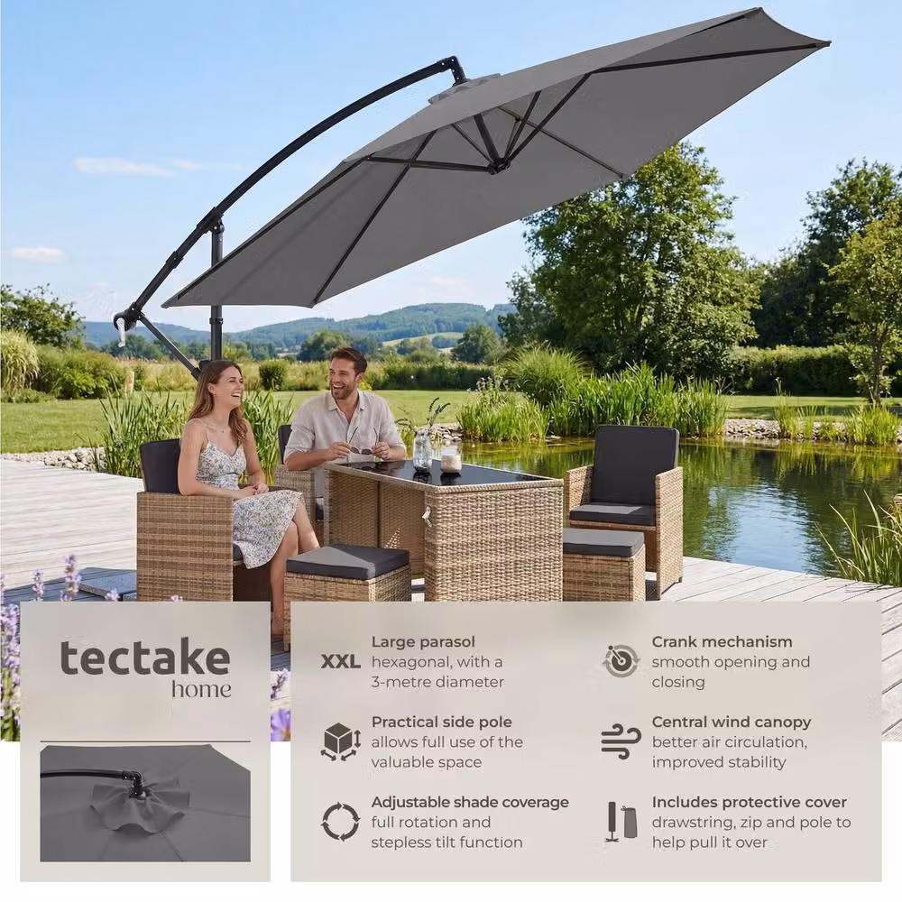 tectake Grey Cantilever Parasol with 360 Degree Rotation and Tilting Function, W/D/H: 300 x 300 x 300 cm – 2