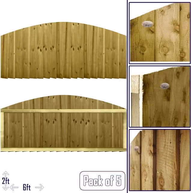 Premier Garden Supplies Dome Top Feather Edge Fully Framed Garden Fence Panels, Pressure Treated Tanalised Wood, Height: 183 cm, Width: 60 cm, Pack of 5