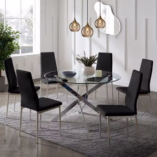GRS Lyon Round Glass Dining Table with 6 Black Faux Leather Chairs and Silver Legs, Diameter: 120 cm, Height: 75 cm