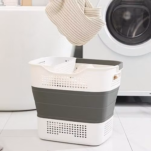 HYGRAD 43L Collapsible Laundry Basket with Handles in White and Grey – 3