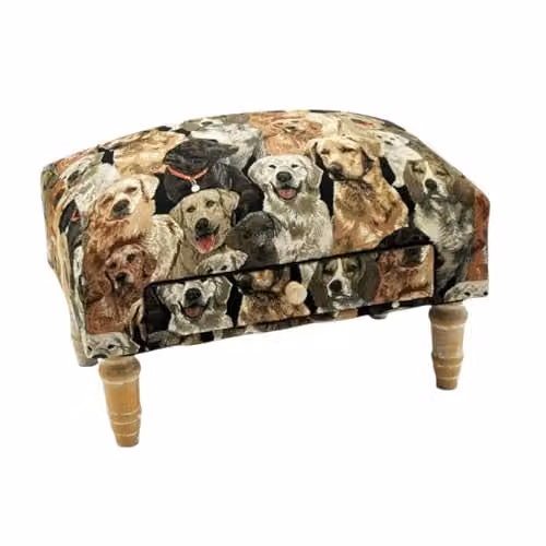 AcaciaHome Deluxe Upholstered Ottoman Footstool with Drawer in Dog Art Fabric Multicolour