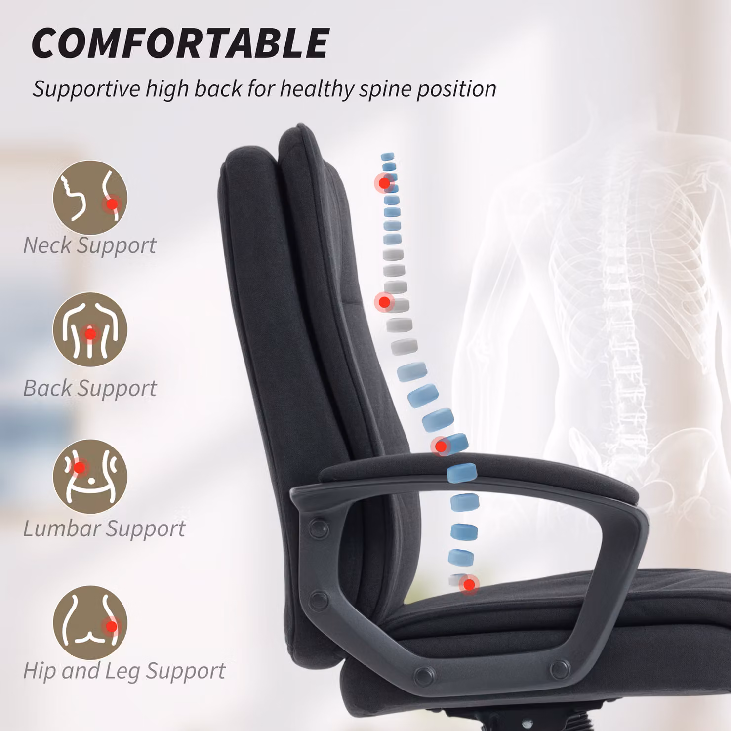 HOMCOM Black Linen-Look Double-Padded Fabric Office Task Chair W/D/H: 55 x 50 x 120 cm – 4