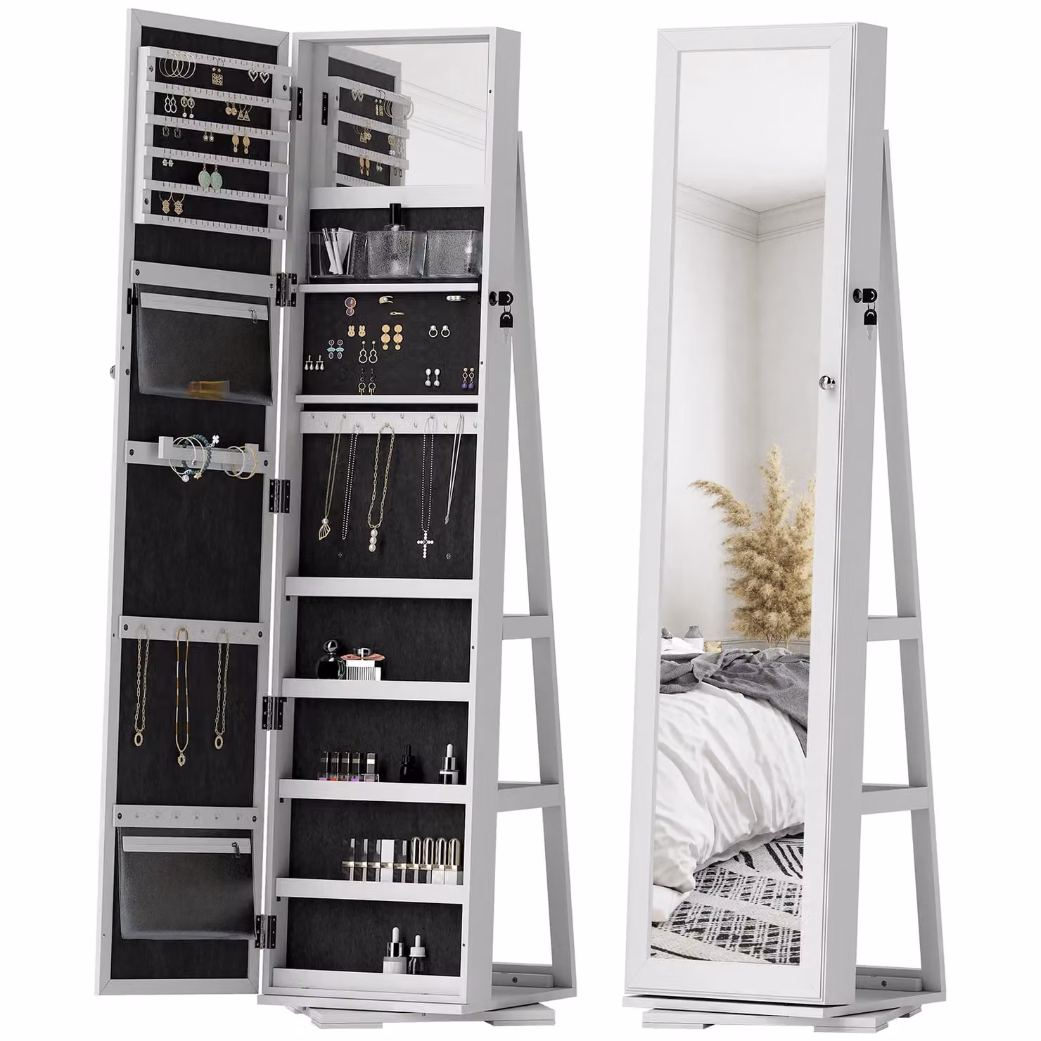 HOMCOM Lockable Jewellery Cabinet with Full Length Mirror and Magnifying Insert in White – 3