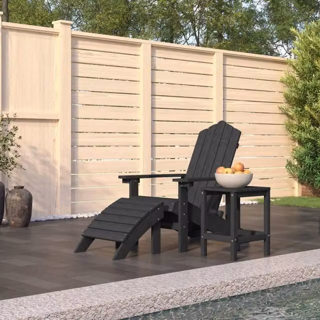 Berkfield Home Garden Adirondack Chair with Footstool and Table in Anthracite Black HDPE